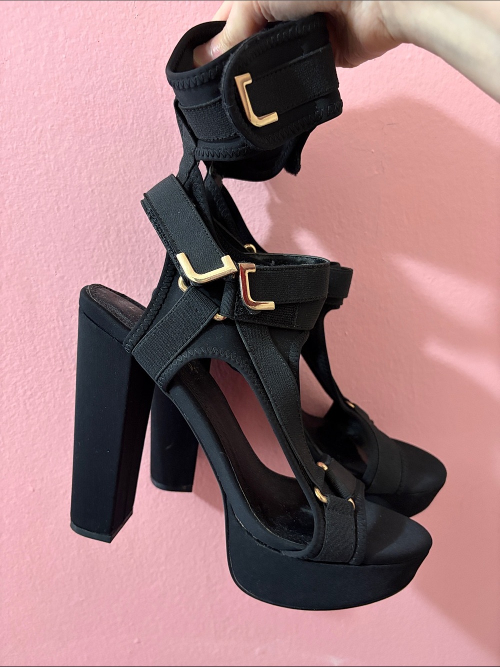 Liliana Black High Heel Platform Shoes with Ankle Straps and Gold Detaild